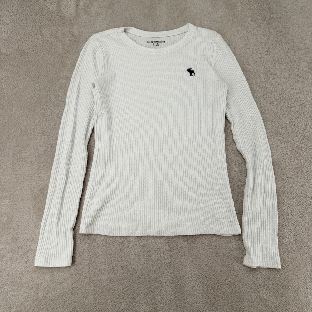 Abercrombie Womens XS Top White Ribbed Long Sleeve Preowned Logo